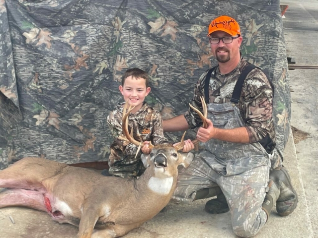 Cooper Nue, with his first buck ever (3.5 yr. 10 pointer) and his father, Ray Neu